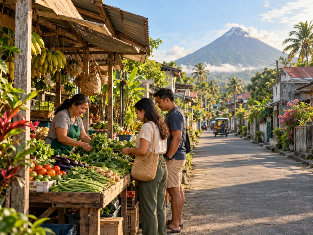 A landscape and community scene in Albay, Philippines
