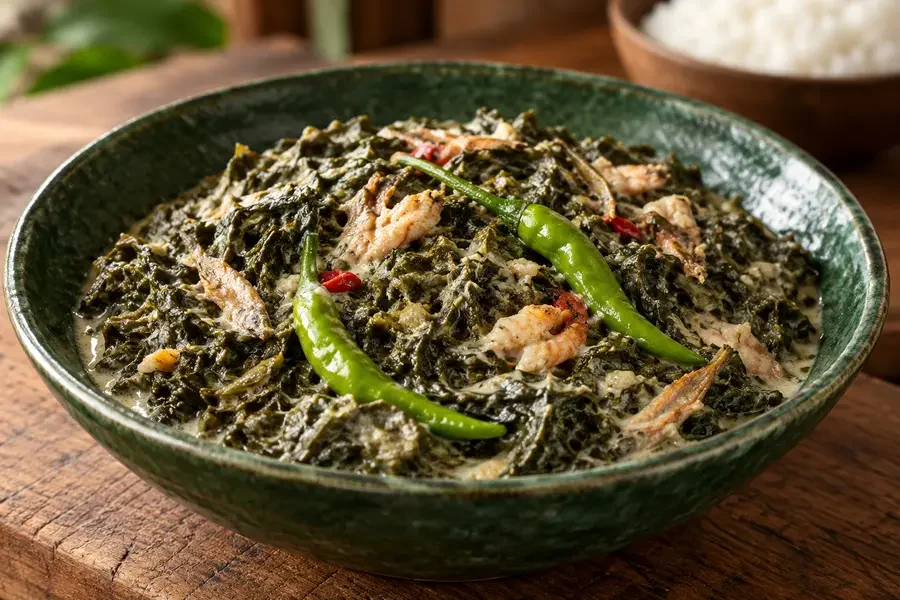 Laing prepared with taro leaves and coconut milk