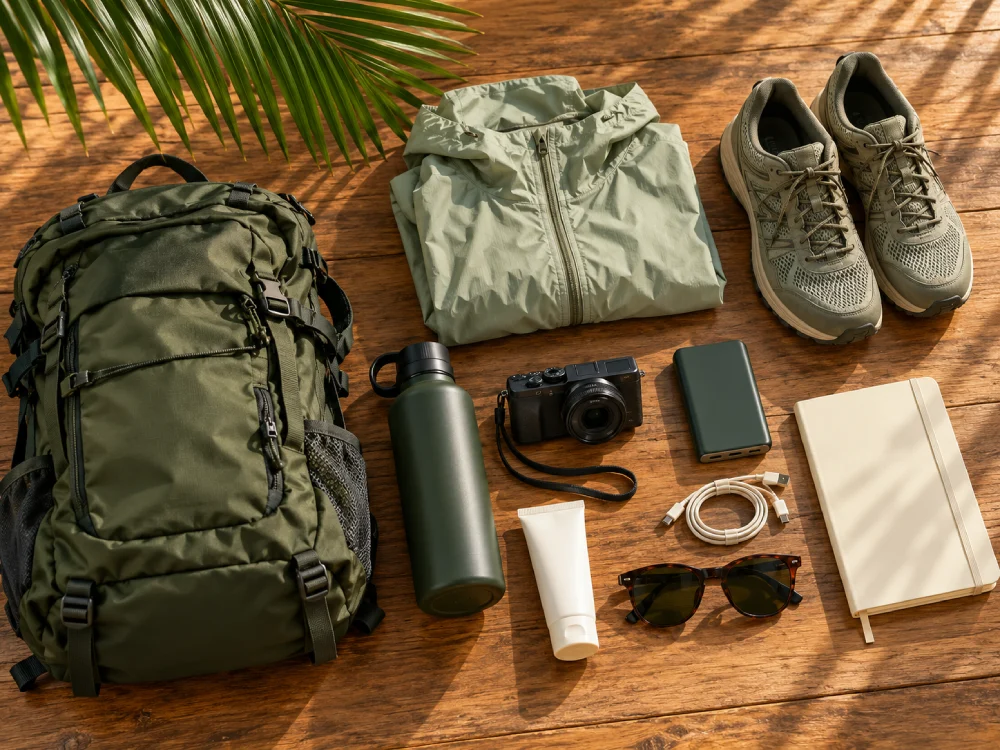 Travel essentials prepared for a day exploring Albay