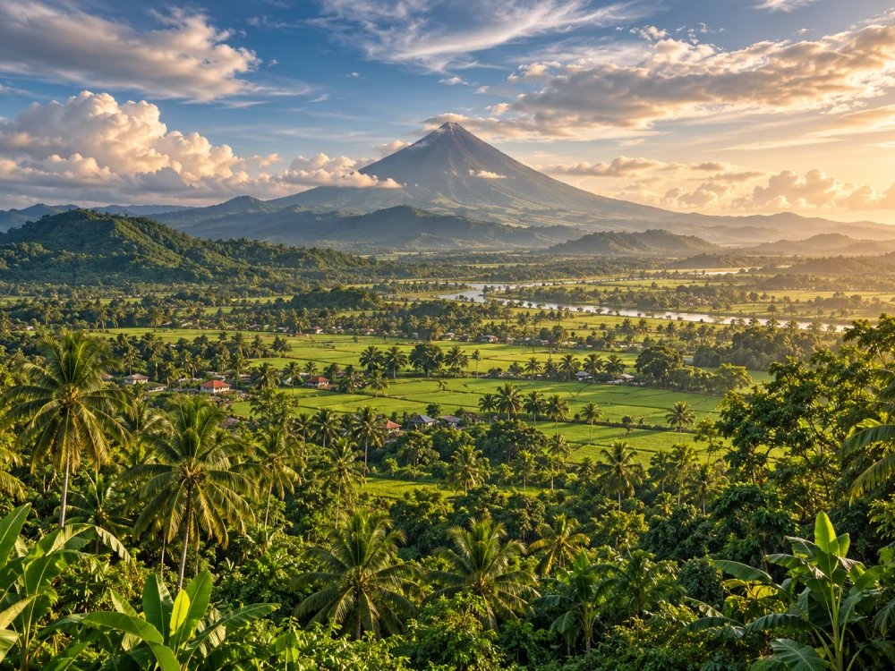 Foreground and landscape details framing a view of Mayon