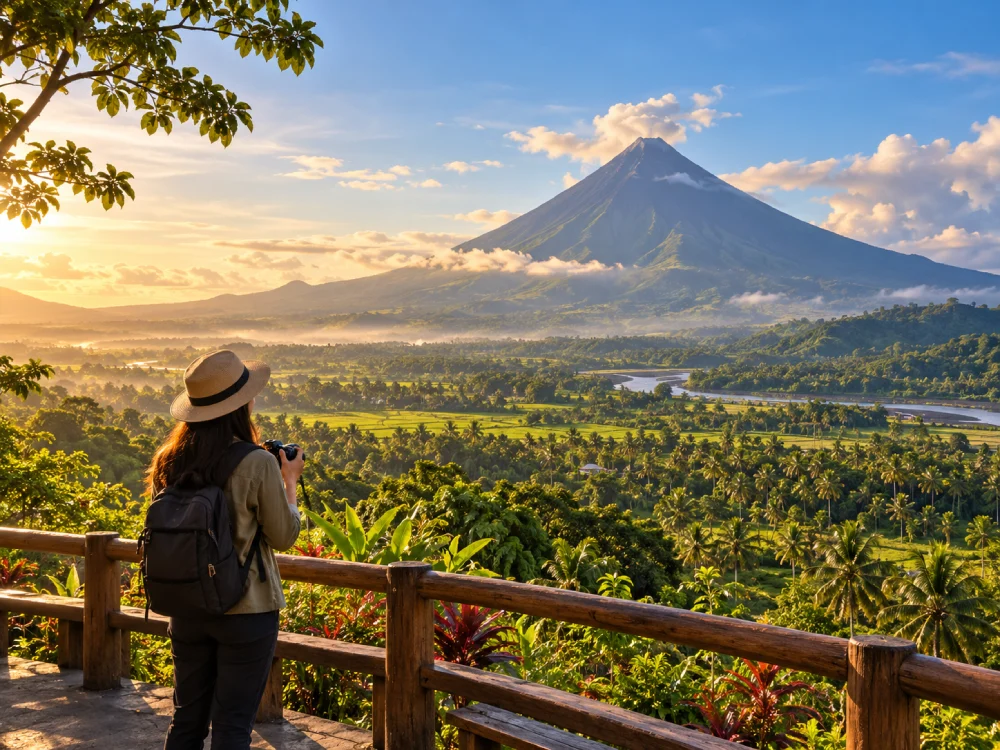 A landscape composition featuring Mayon and its surroundings